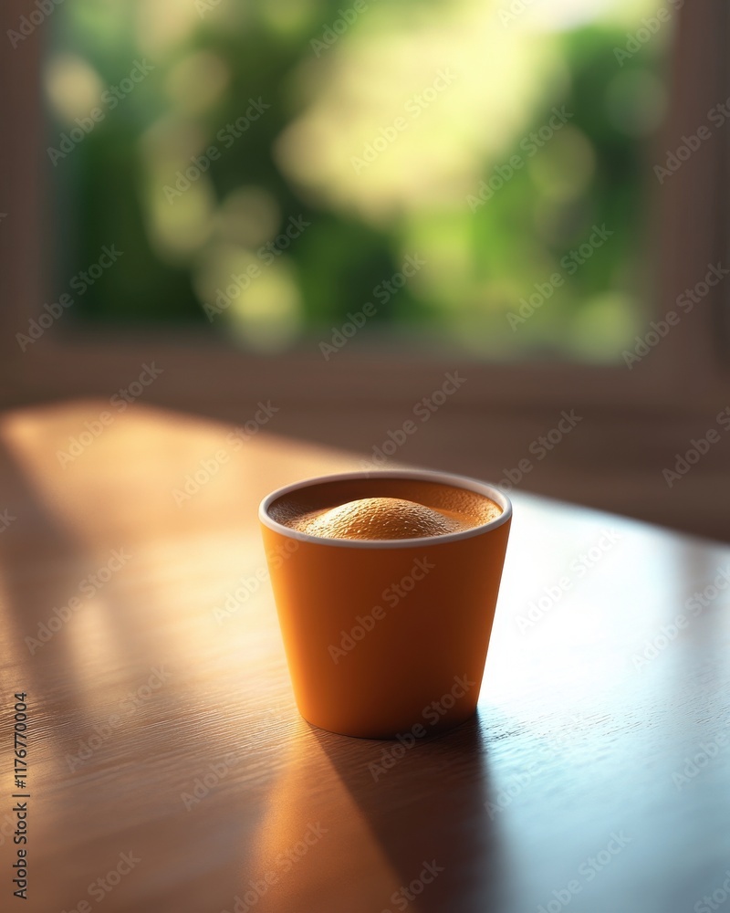 Fototapeta premium A vibrant orange cup holding a lemon, softly illuminated by natural light on a wooden table.