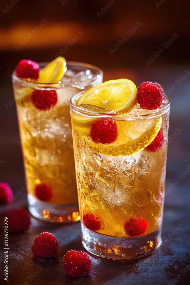 Two refreshing cocktails with raspberries and lemon slices, served over ice. Two refreshing cocktails with raspberries and lemon slices, served over ice.