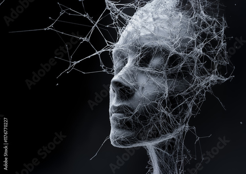 Surreal and futuristic 3D render of a humanoid face enveloped in intricate web-like structures against a dark background.