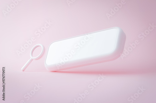 A sleek 3D-rendered white search bar with a magnifying glass icon floating in a pastel pink background, evoking a futuristic digital interface. photo