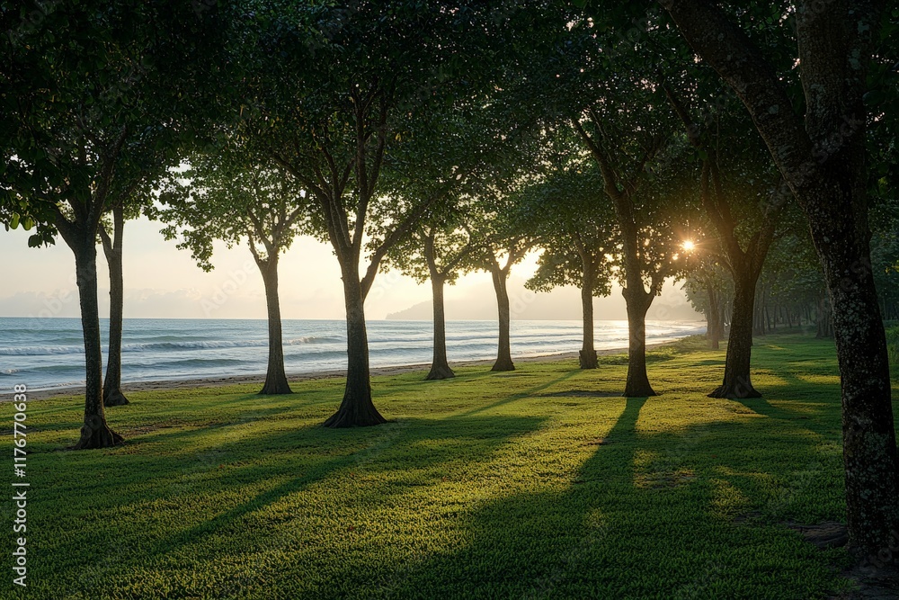 Obraz premium Silhouettes of trees at the beach during a stunning sunrise, where sunlight peeks through, creating a magical atmosphere that blends nature and tranquility.