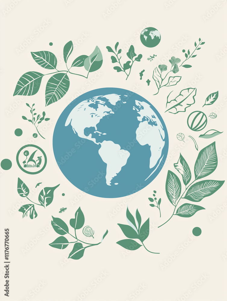 Earth surrounded by green leaves and plants in a minimalist design Earth surrounded by green leaves and plants in a minimalist design