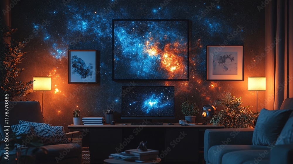 A cozy living room with a cosmic-themed wall display and warm lighting. A cozy living room with a cosmic-themed wall display and warm lighting.