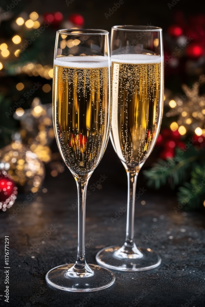 Two elegant champagne flutes filled with bubbly drink, celebrating the festive season with a warm glow. Two elegant champagne flutes filled with bubbly drink, celebrating the festive season with a warm glow.