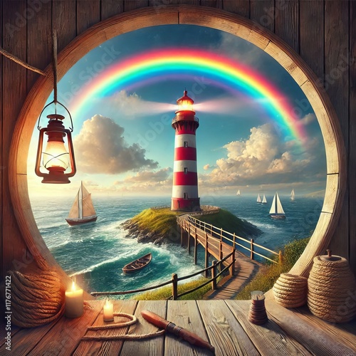 Hope s Beacon A rainbow over a lighthouse guiding sailors home photo