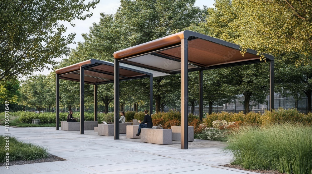 Outdoor park seating under shaded structures. Outdoor park seating under shaded structures.