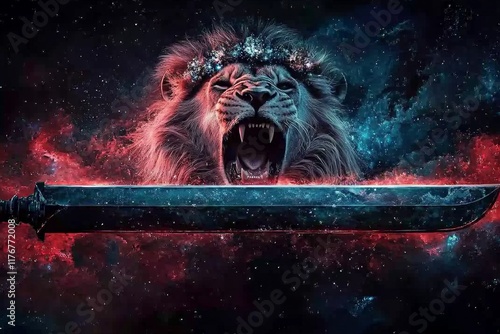 A powerful lion roars ferociously in a vibrant galaxy, with a majestic sword placed strategically in the foreground, symbolizing strength and courage against the cosmic backdrop. photo