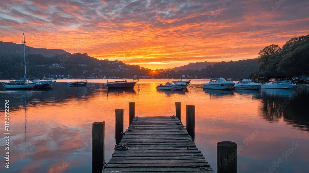 Fototapeta premium A stunning view of a serene waterfront at sunset. Boats are anchored peacefully as the sky displays beautiful colors. The perfect setting for relaxation and inspiration. Generative AI