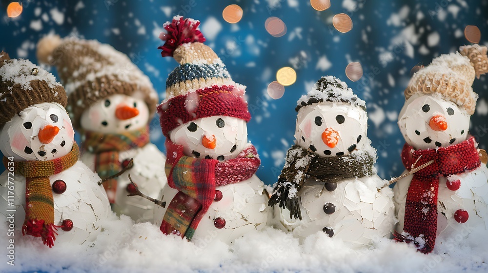 Several adorable snowmen wearing hats along with scarves against a backdrop of cold snow Several adorable snowmen wearing hats along with scarves against a backdrop of cold snow
