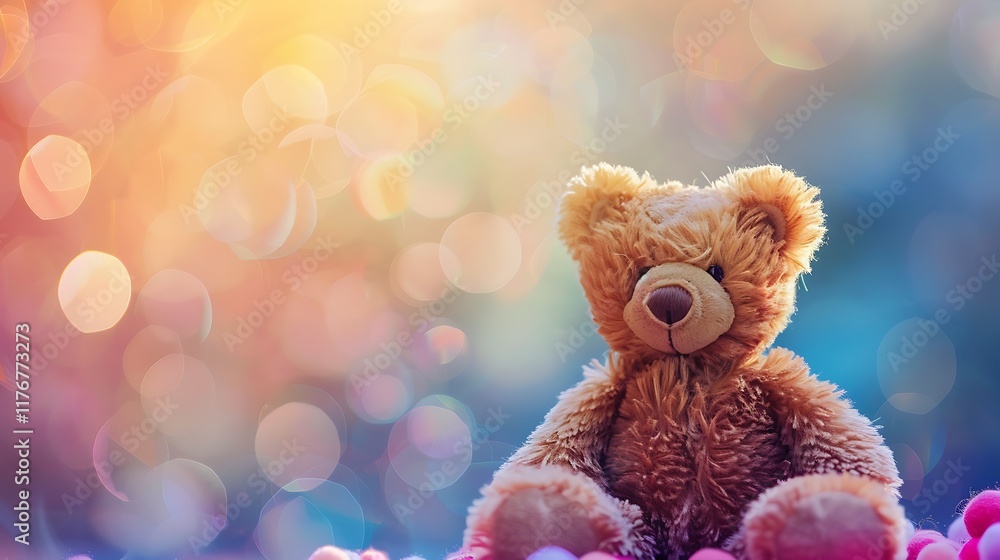 Fototapeta premium Small teddy bear isolated on colorful and bright background