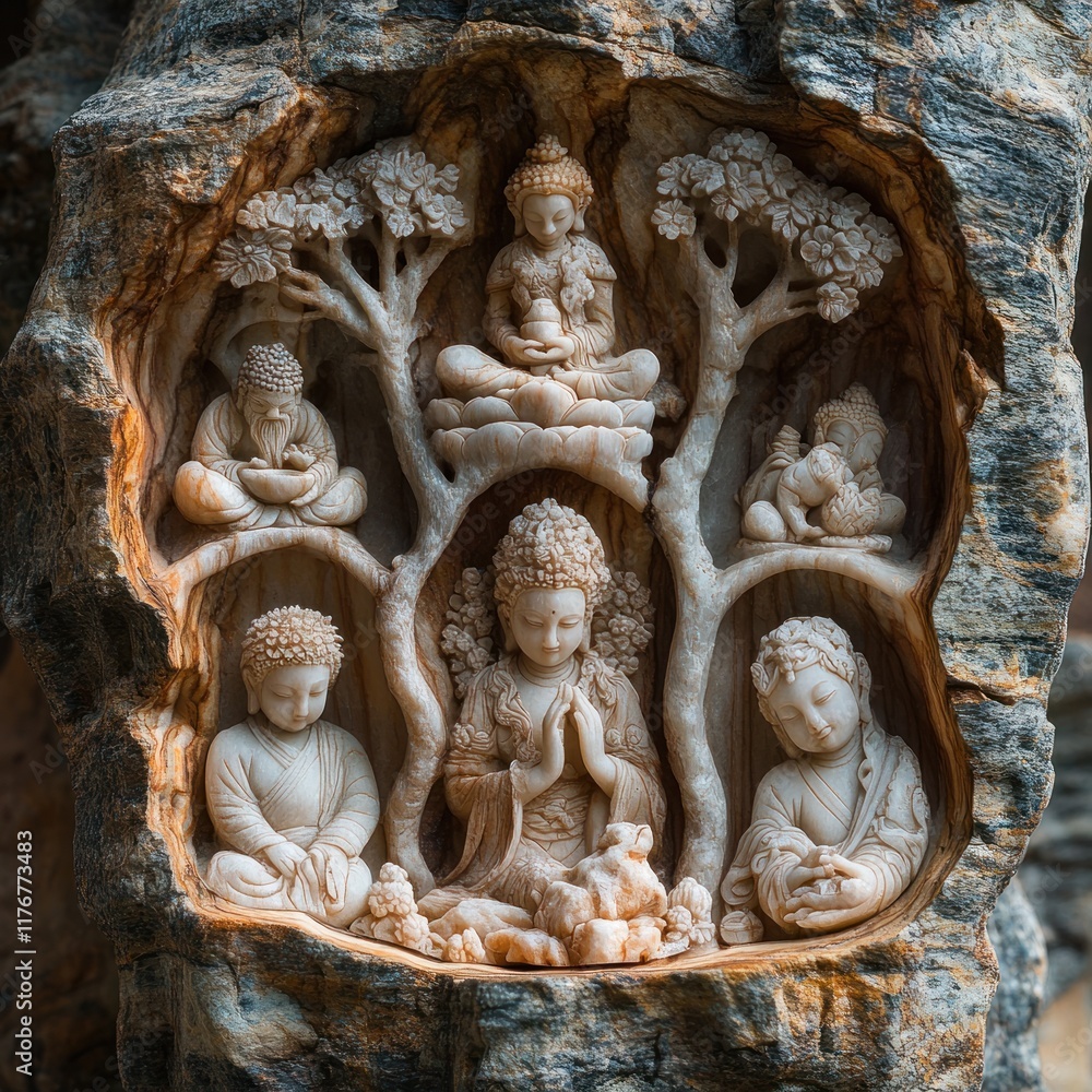 Intricate stone carving, multiple Buddha figures, tree motif.