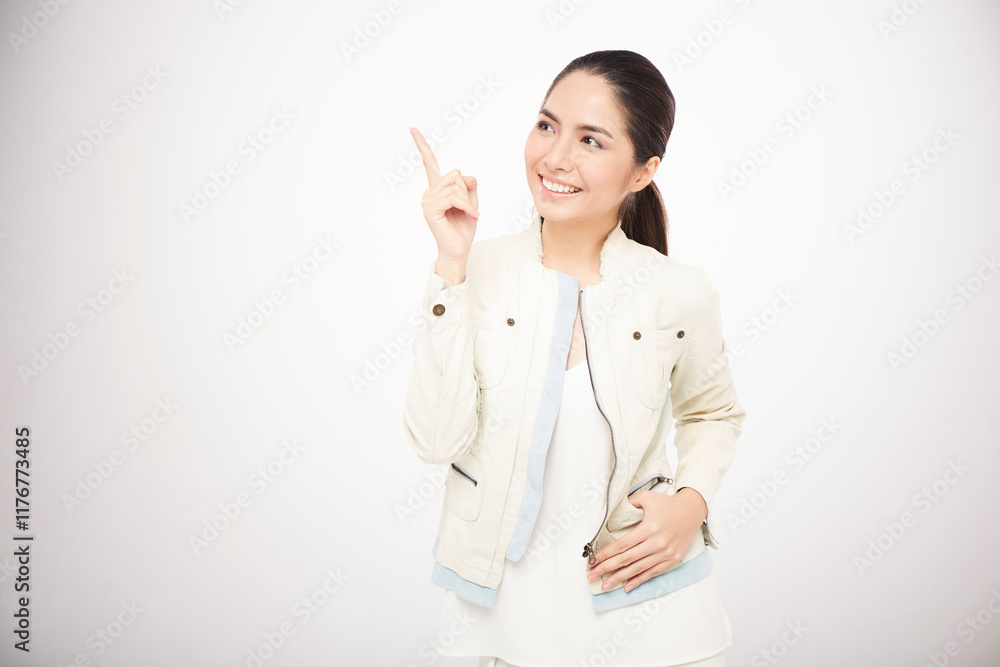 Business Asian girl show sign on white background Business Asian girl show sign on white background