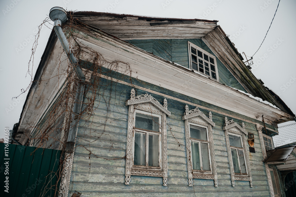 old Russian houses with carved window frames old Russian houses with carved window frames