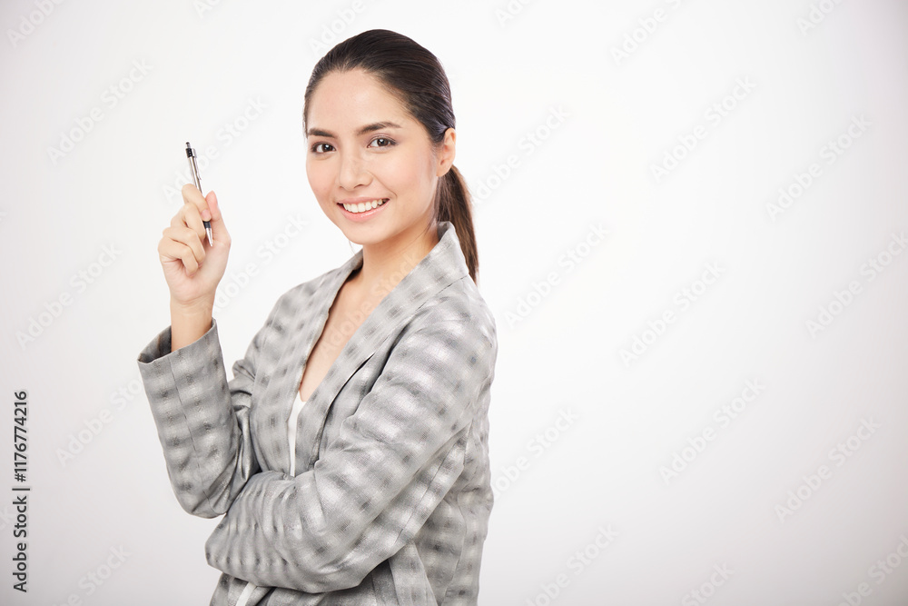 Business Asian girl express thinking on white background Business Asian girl express thinking on white background