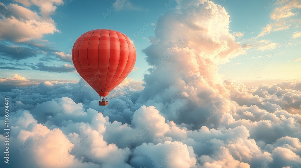 Fototapeta premium Red hot air balloon soaring above fluffy clouds at sunset.
