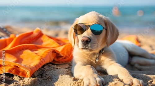 The golden lab puppy relaxing under a parsal on the beach with wearing sunglasses photo