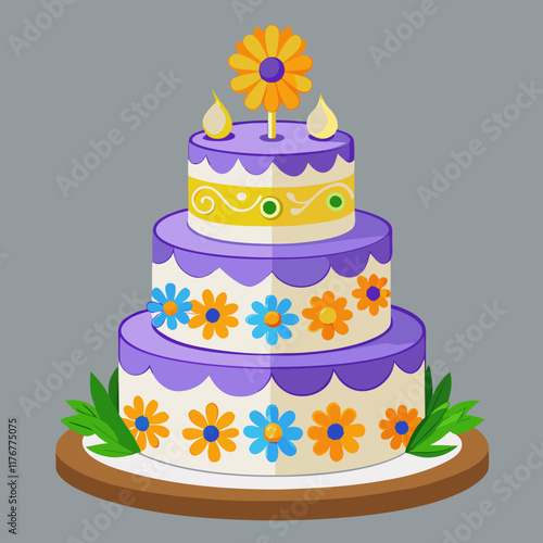 Three-Tiered Birthday Cake with Colorful Fondant Flowers and White Frosting - Photorealistic 3D Render