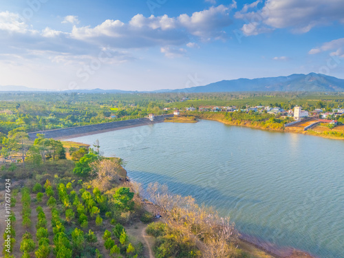 Aerial view of Bien Ho Che or Bien Ho tea fields, outside Pleiku city, Gia Lai province, Vietnam. Nature landscape, mountain and foggy far away.