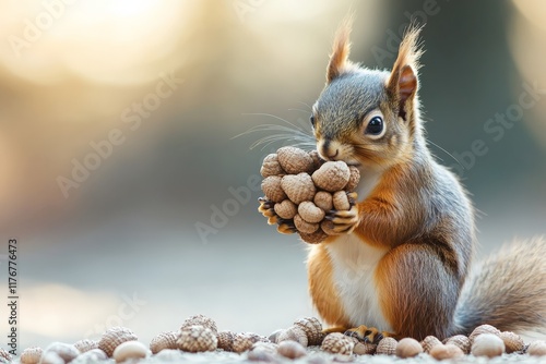 An adorable squirrel collects and piles acorns, showcasing its charming nature and preparing for winter, highlighting the beauty of wildlife in harmony with their environment in this vibrant scene. photo