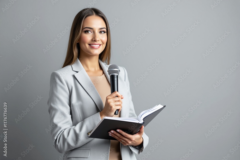 Woman in light suit holding microphone and open book, smiling confidently on a neutral background. Concept of public speaking, professionalism. Ai generative Woman in light suit holding microphone and open book, smiling confidently on a neutral background. Concept of public speaking, professionalism. Ai generative