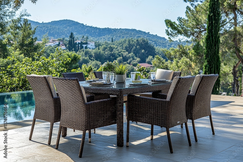 Fototapeta premium Elegant outdoor dining set with dark brown wicker, glass top table, and armchairs perfect for patio or garden seating, high detail design.