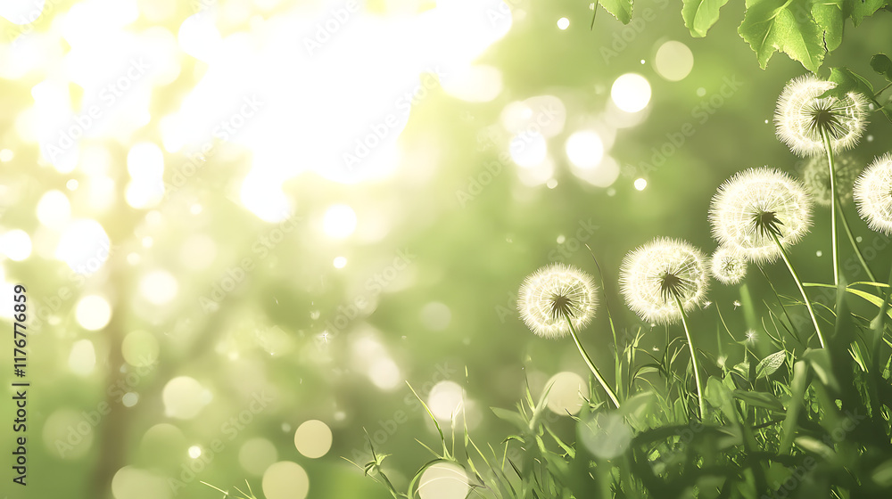 Fototapeta premium Beautiful spring background with dandelions and bokeh lights, green background, light and blurred background in sunny day.