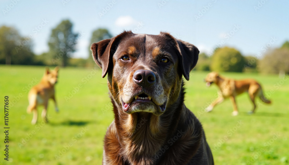 Focused Cane Corso portrait in sunny park, canine companionship Focused Cane Corso portrait in sunny park, canine companionship