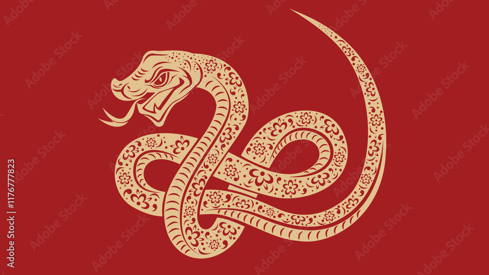 Obraz premium Golden snake with red background, Chinese auspicious symbol.