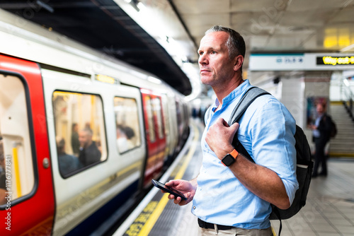 Businessman in blue shirt waiting for train on platform photo