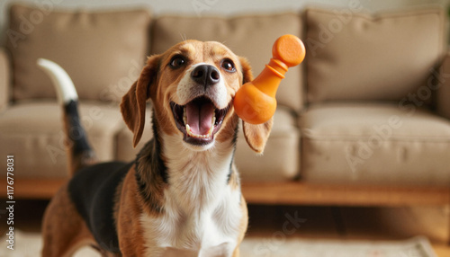 Playful beagle tossing squeaky toy in cozy living room, joyful spirit