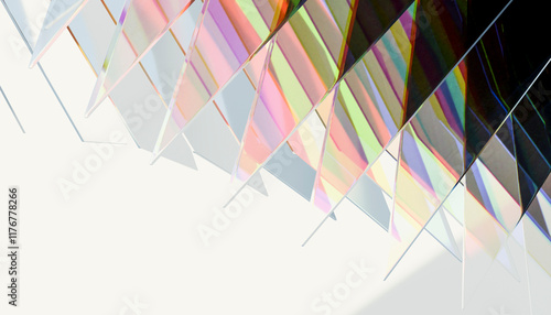 3d rendering of multi colored lights reflected on glass against white background
