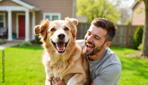 Energetic golden retriever jumping with smiling man in backyard, joy of play
