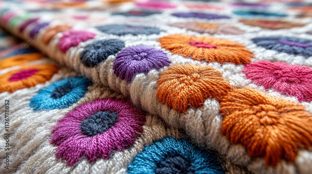 Close-up of colorful embroidered flowers on textured fabric. Close-up of colorful embroidered flowers on textured fabric.