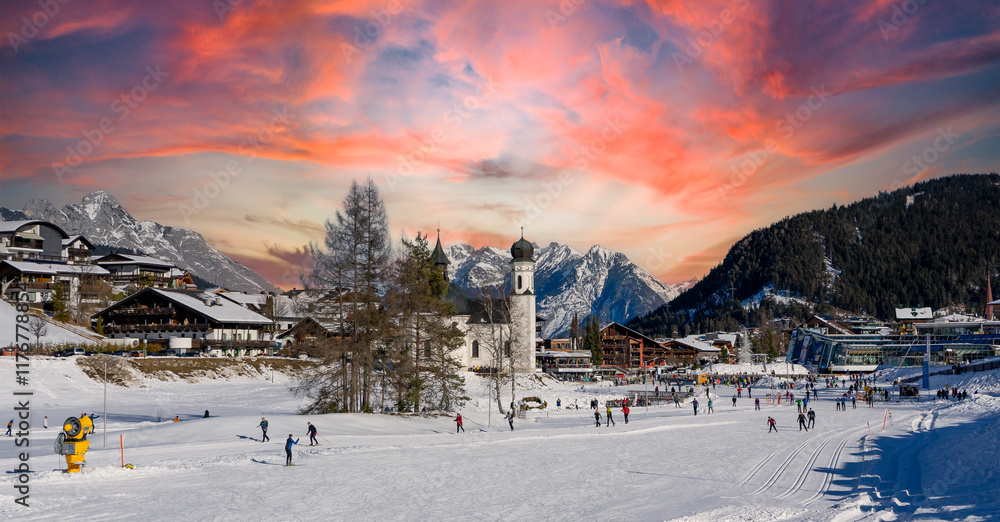 panorama winter sport ski resort in the austria tyrol mountains in seefeld at sunset