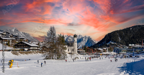 Obraz na płótnie panorama winter sport ski resort in the austria tyrol mountains in seefeld at sunset w salonie
