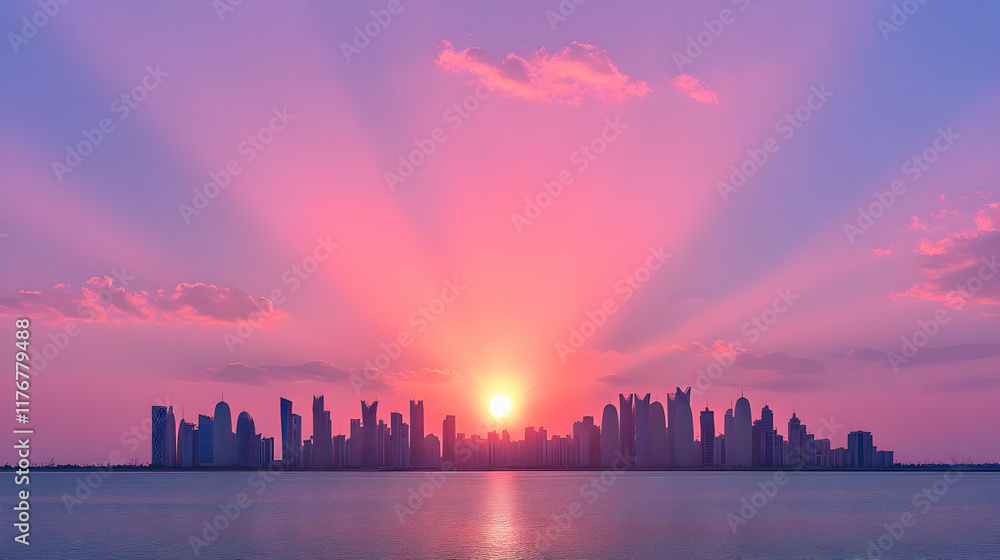 Fototapeta premium Pink Cityscape Sunset Illustration