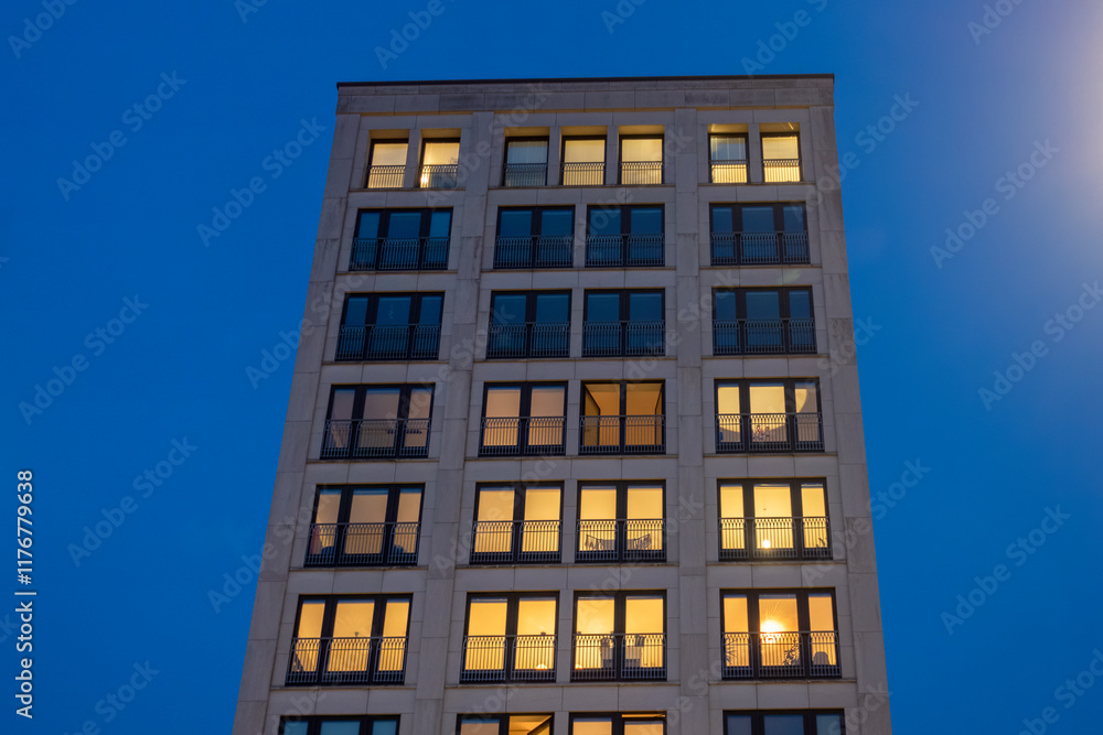 Office building in Munich illuminated during blue hour Office building in Munich illuminated during blue hour