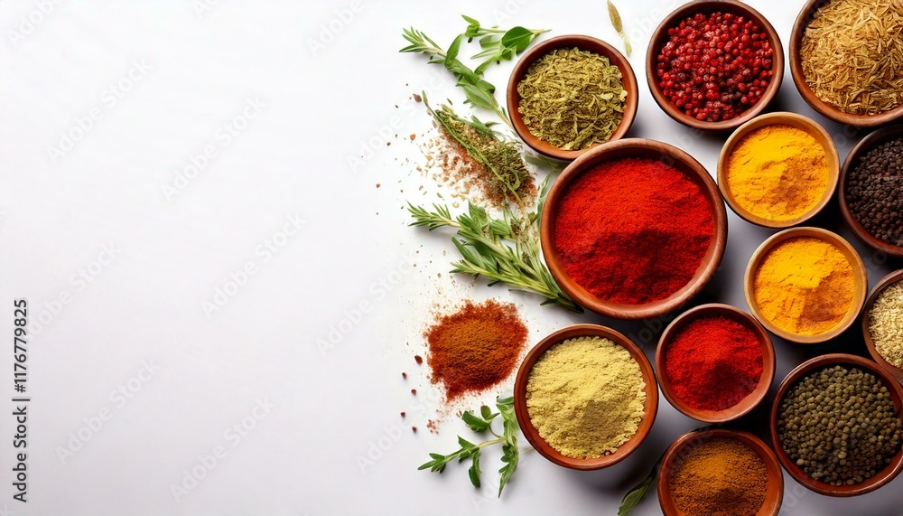 aromatic spices and herbs in small bowls on white background with aromatic spices and herbs in small bowls on white background with
