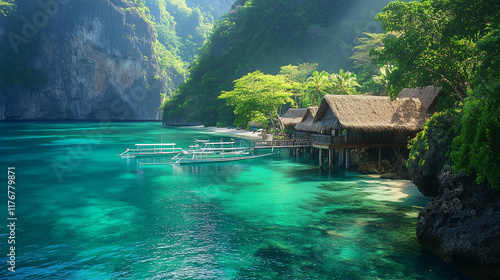 A vibrant coastal scene with turquoise waters, lush cliffs, and stilt houses photo