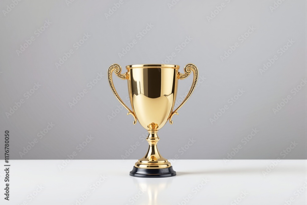 A golden trophy cup with ornate handles displayed on a white surface against a soft gray gradient background. Concept of victory and achievement. Ai generative A golden trophy cup with ornate handles displayed on a white surface against a soft gray gradient background. Concept of victory and achievement. Ai generative