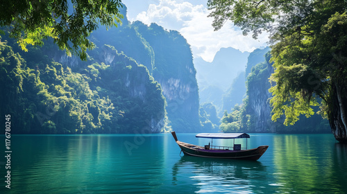 A longtail boat sailing on a calm lake surrounded by towering rock formations and lush vegetation