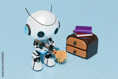 AI generated robot cleaning with broom in front of blue background photo