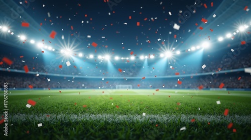 Football stadium background with flying confetti