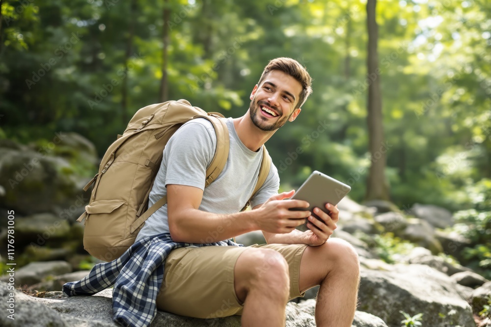 Man with backpack and tablet sitting on a rock in a lush forest, wearing casual hiking attire. Natural light, greenery, adventure concept. Ai generative Man with backpack and tablet sitting on a rock in a lush forest, wearing casual hiking attire. Natural light, greenery, adventure concept. Ai generative