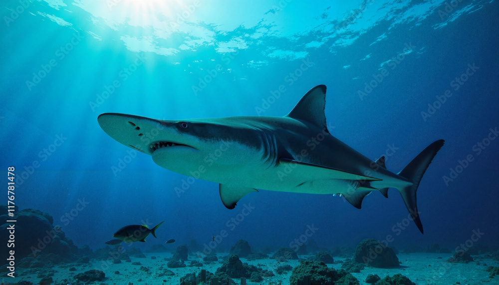 Powerful hammerhead shark gliding underwater, marine majesty Powerful hammerhead shark gliding underwater, marine majesty