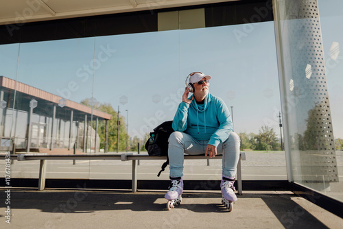 Senior man wearing headphone and roller skates sitting on bus stand photo