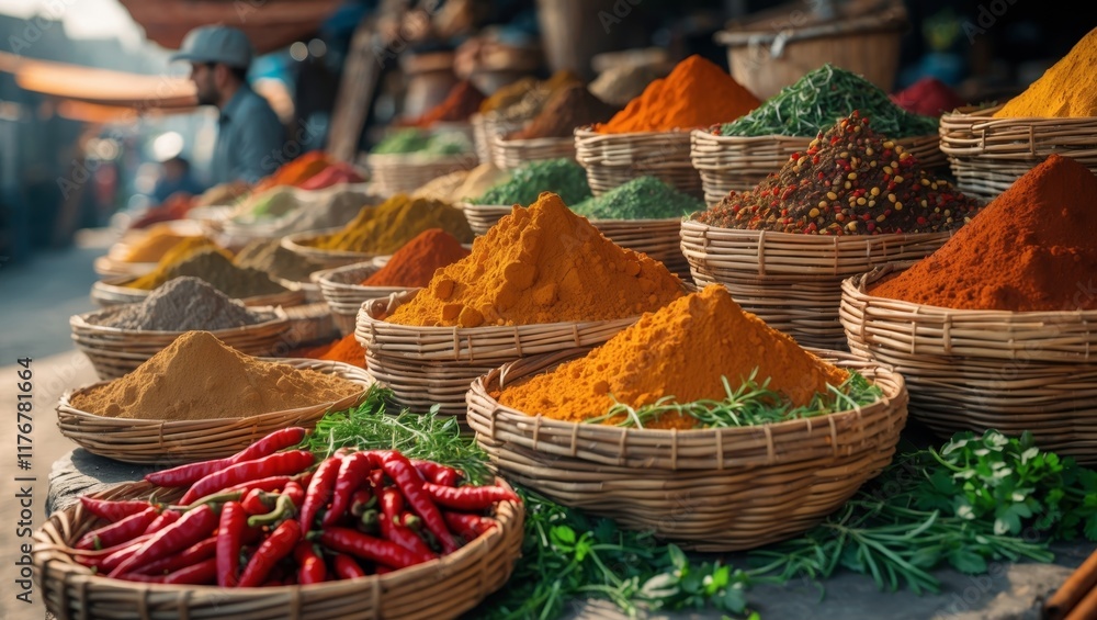 Fototapeta premium A variety of spices are displayed in wicker baskets at a market