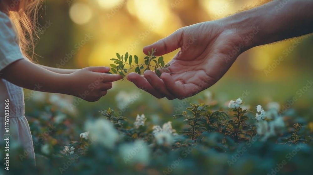 Fototapeta premium Hands of caucasian adult man and young child sharing green leaf in sunlit garden