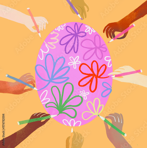 Illustration of hands decorating a colorful Easter egg with pencils photo