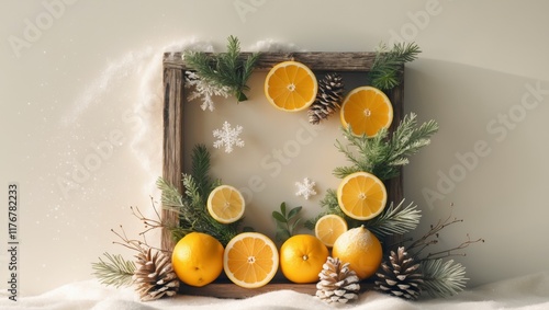 Vibrant Floral and Citrus Frame with Winter Accents for Festive Holiday Decor and Celebrations photo